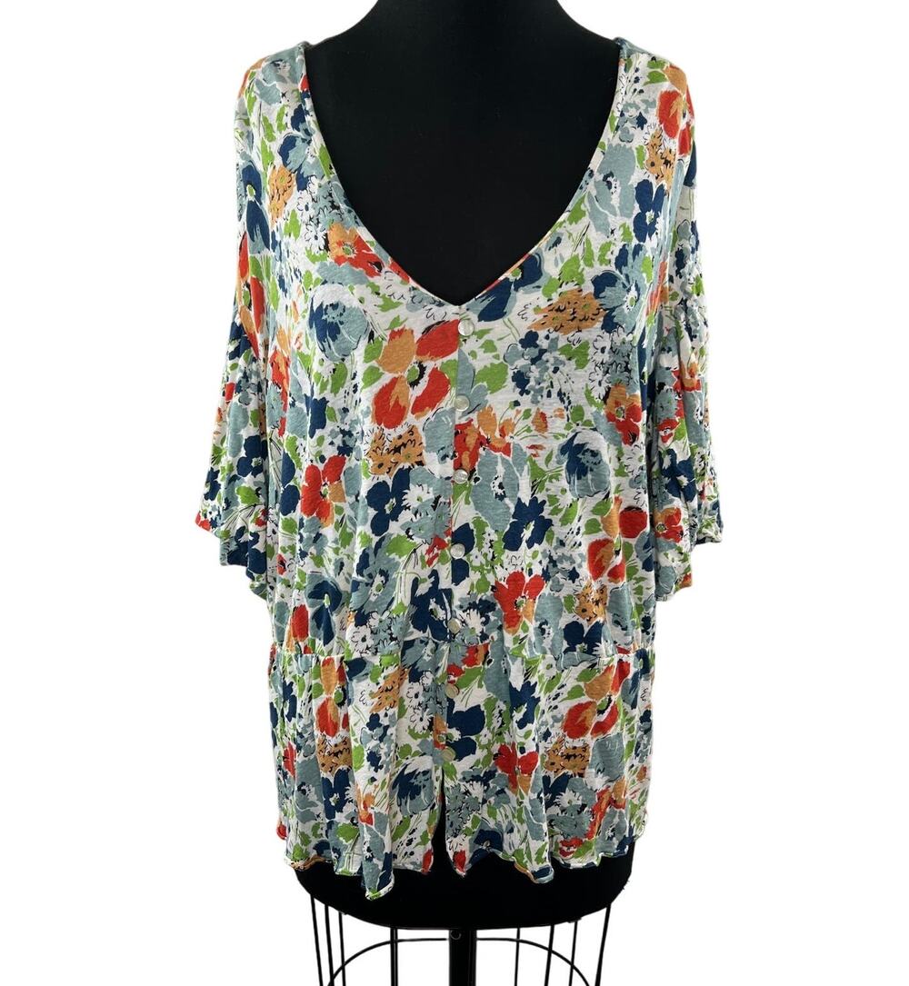 Lauren Ralph Lauren White Blouse Top Floral Linen Button Up Rib V-Neck Size 3X